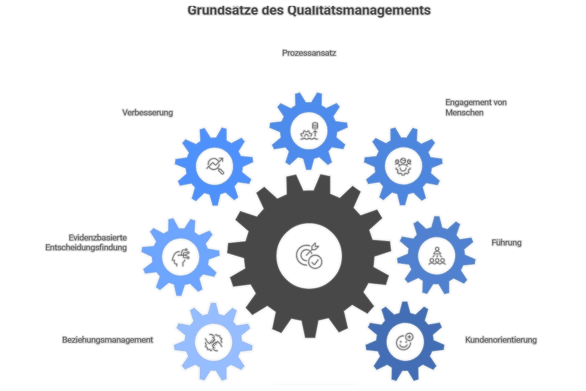 Grafik, die die 7 Qualitätsmanagementprinzipien als Zahnräder darstellt