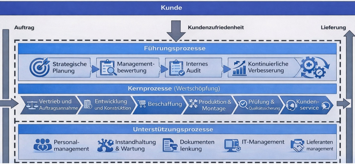 Prozesslandkarte und Prozessdokumentation: Visualisierung der Kern-, Führungs- und Unterstützungsprozesse im ISO 9001 QMS
