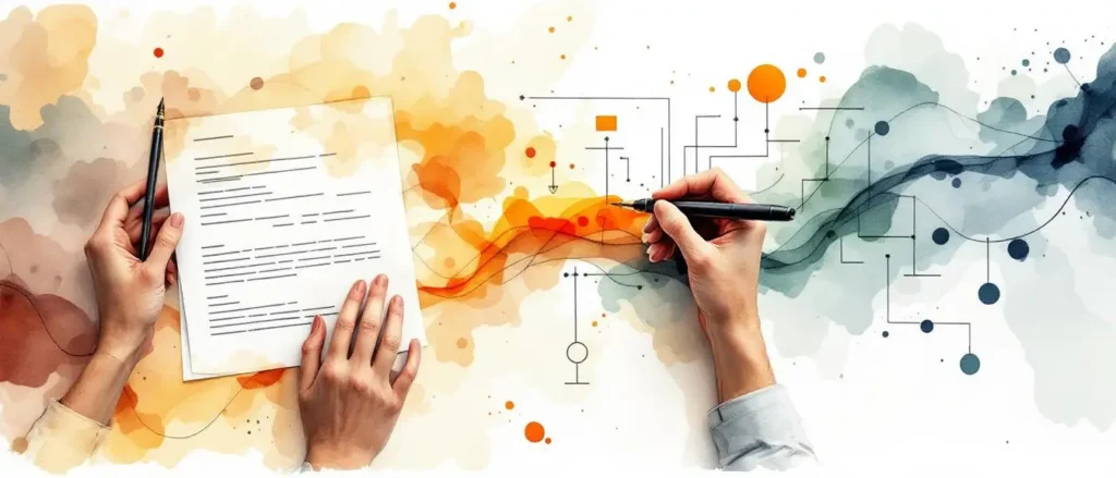 Watercolor editorial illustration of hands translating a standardized ISO 9001 document into a business-specific audit flowchart
