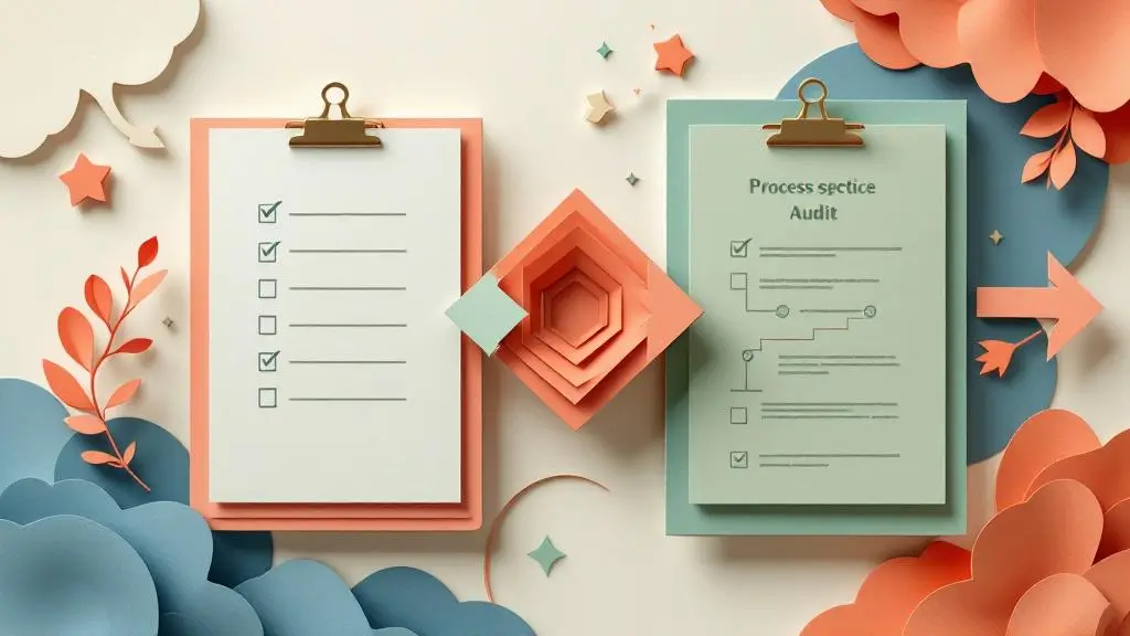 Papierschnitt-Kunst, die die Transformation von einer generischen Audit-Checkliste zu einem unternehmensspezifischen Prozessaudit-Dokument zeigt