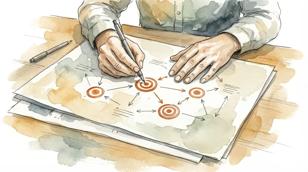 Wide watercolor editorial illustration, 16:9 banner format: a pair of hands sketching small circular target symbols and connecting arrows on a large planning document spread across a desk, rendered in fine pen-and-ink linework with loose wet-on-wet watercolor washes. Muted earth tones — warm ochre, soft sage, slate grey — with a single burnt orange accent on the target circles. White background showing through at edges, visible brush strokes. Airy professional editorial quality, no readable text.