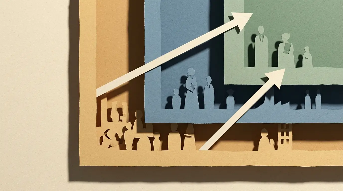 Wide paper cut art, 16:9 format: three stacked platform layers arranged left to right showing a management hierarchy — bottom layer in warm sand, middle layer in dusty blue, top layer in sage green. Each layer progressively smaller, connected by diagonal arrow shapes cut from cream paper. Realistic cast shadows between layers creating strong depth. Visible paper fiber texture, slightly rough cut edges, modern professional paper craft diorama, no readable text.