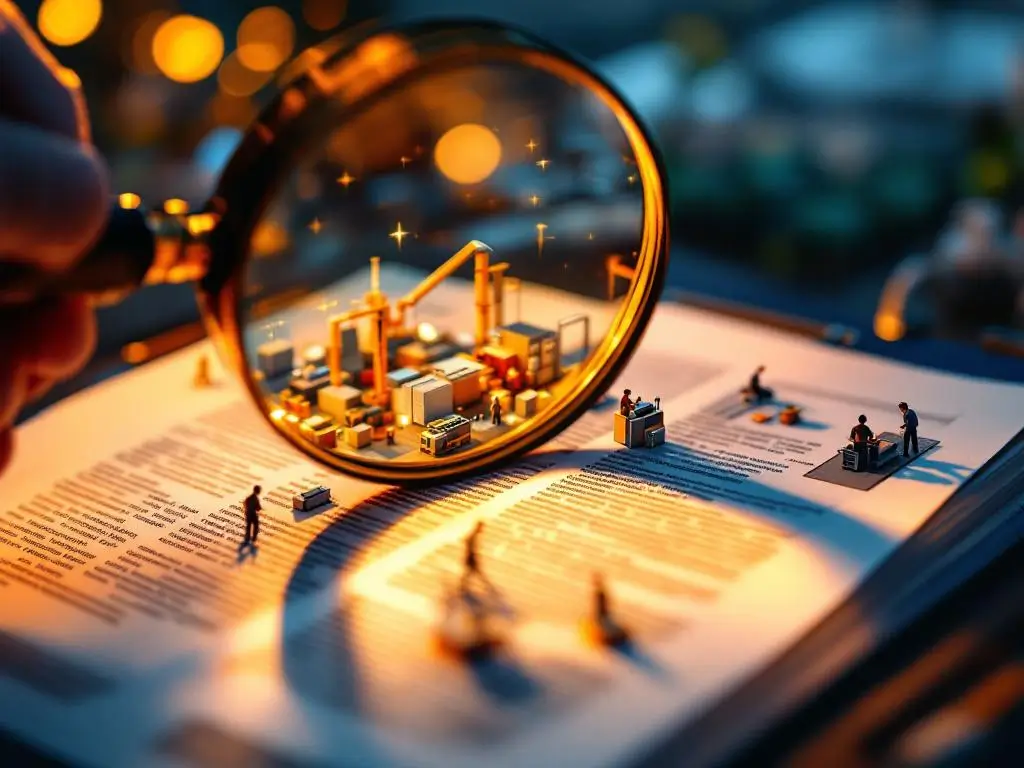 Lupe über einem Dokument, die eine Miniatur-Produktionshalle enthüllt — symbolisch dafür, wie gute Auditfragen die betriebliche Realität sichtbar machen