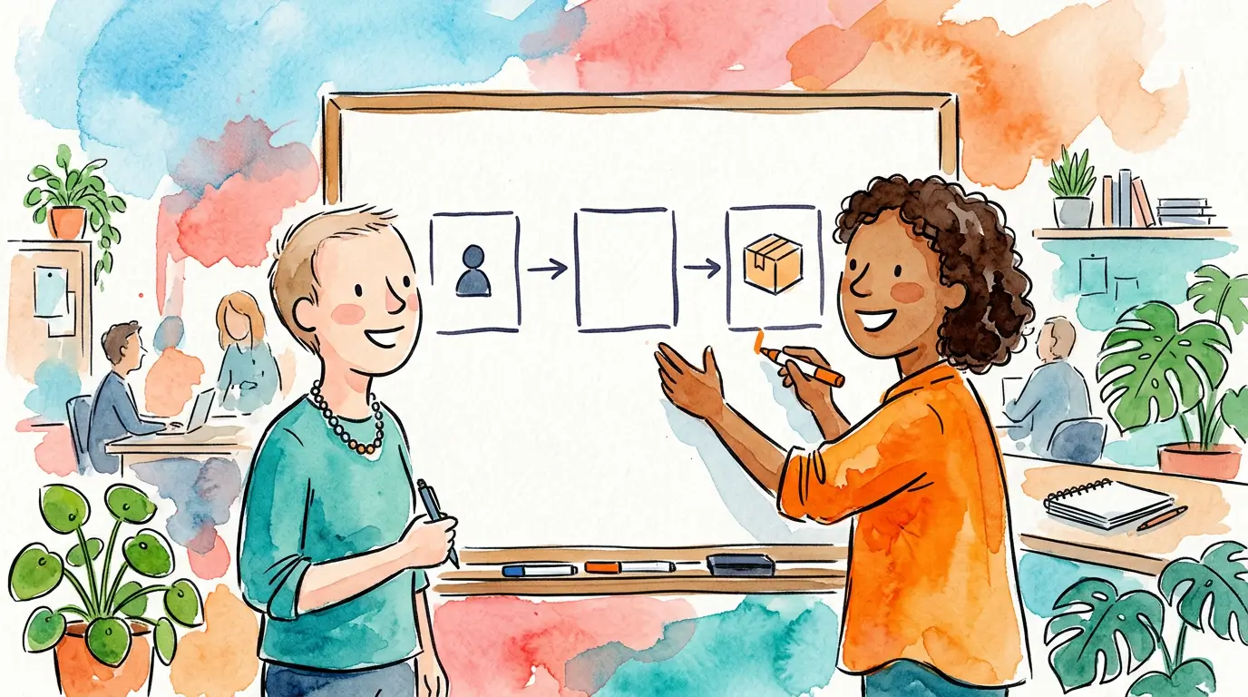 Aquarelle watercolor illustration of two ink-stroke figures at a whiteboard with three rectangular boxes connected by arrows, representing a process mapping workshop