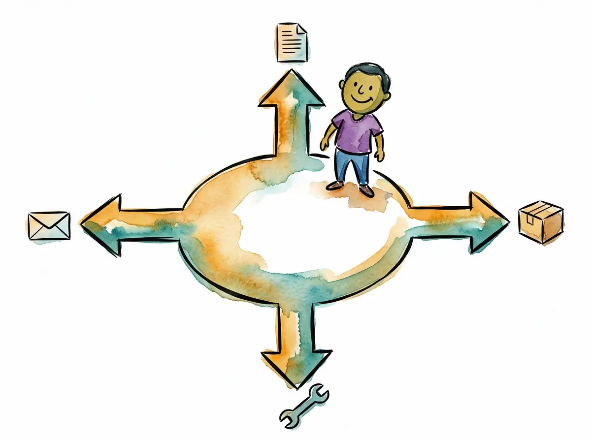 Aquarelle watercolor illustration of the turtle diagram structure: a central oval with four directional arrows extending outward representing inputs, outputs, controls, and resources for ISO 9001 process documentation