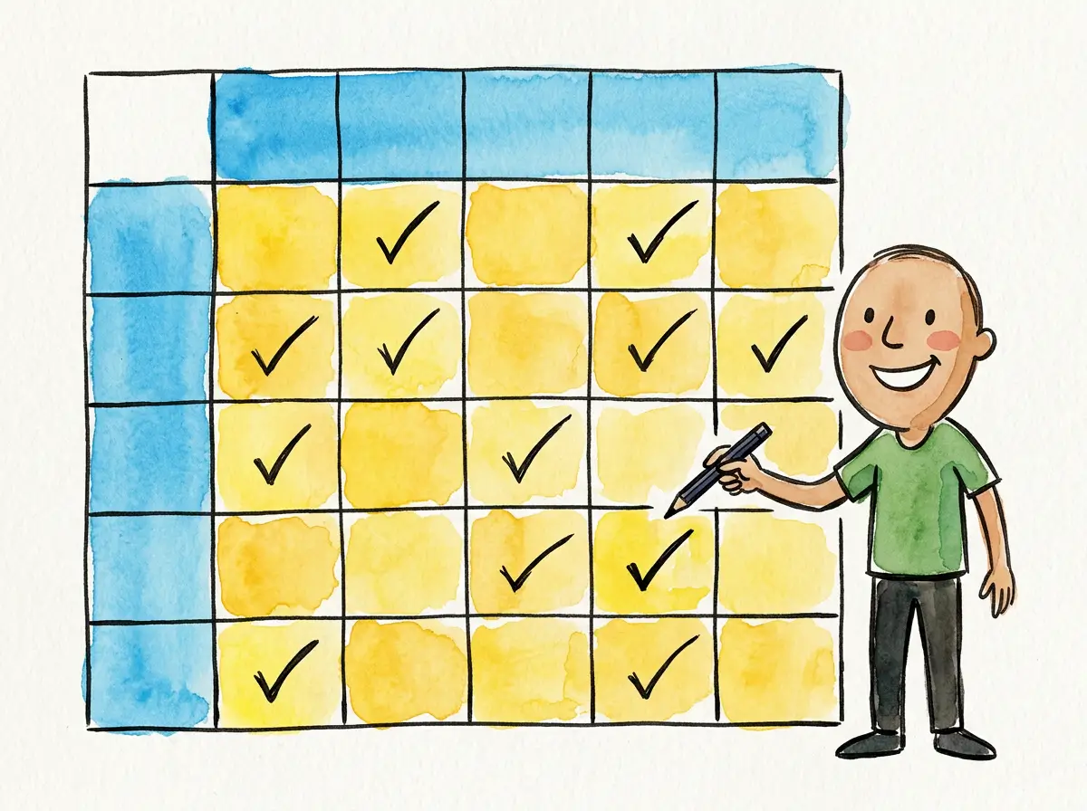 Aquarelle watercolor illustration of a hand-drawn 5x5 grid matrix with sky blue header row and column and scattered checkmarks showing which ISO 9001 processes interact with each other