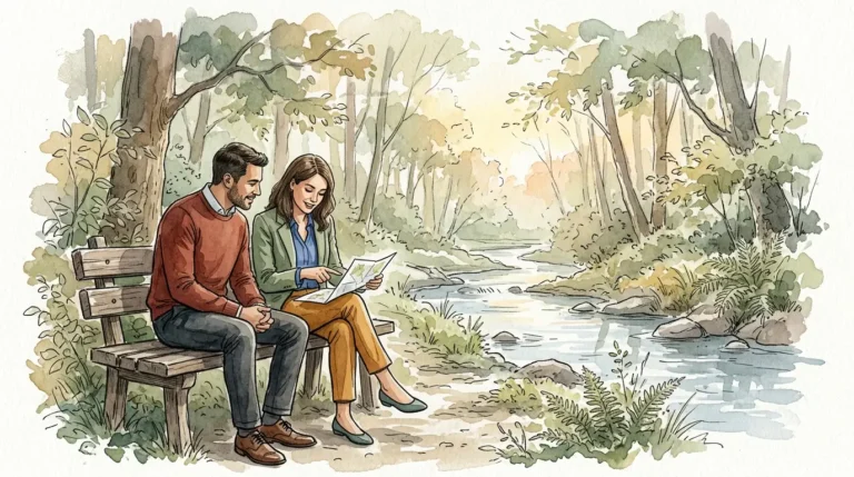 Watercolor illustration of two professionals reviewing a map beside a forest stream at sunrise.