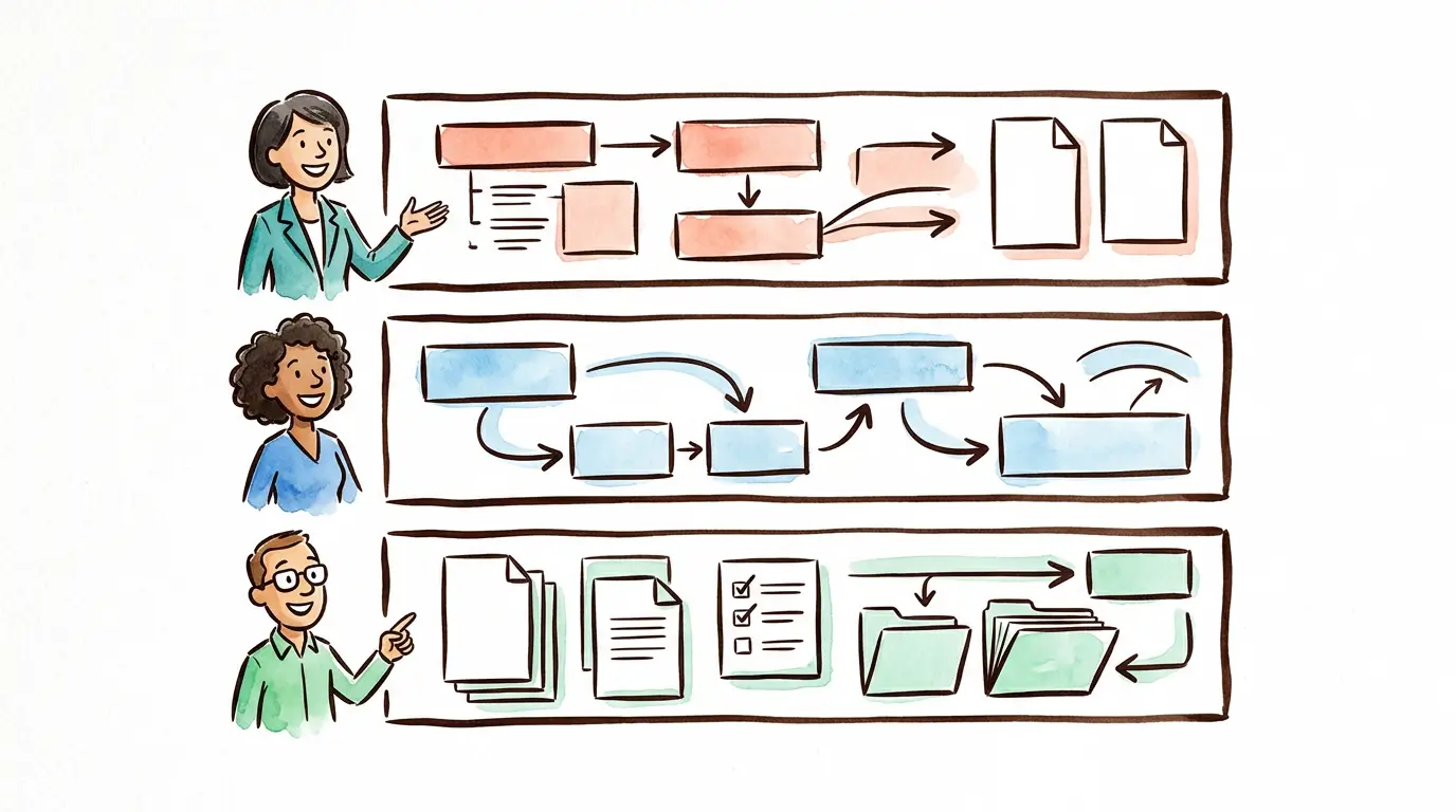 Aquarelle illustration of three professionals beside a three-level framework of boxes, arrows, and documents.