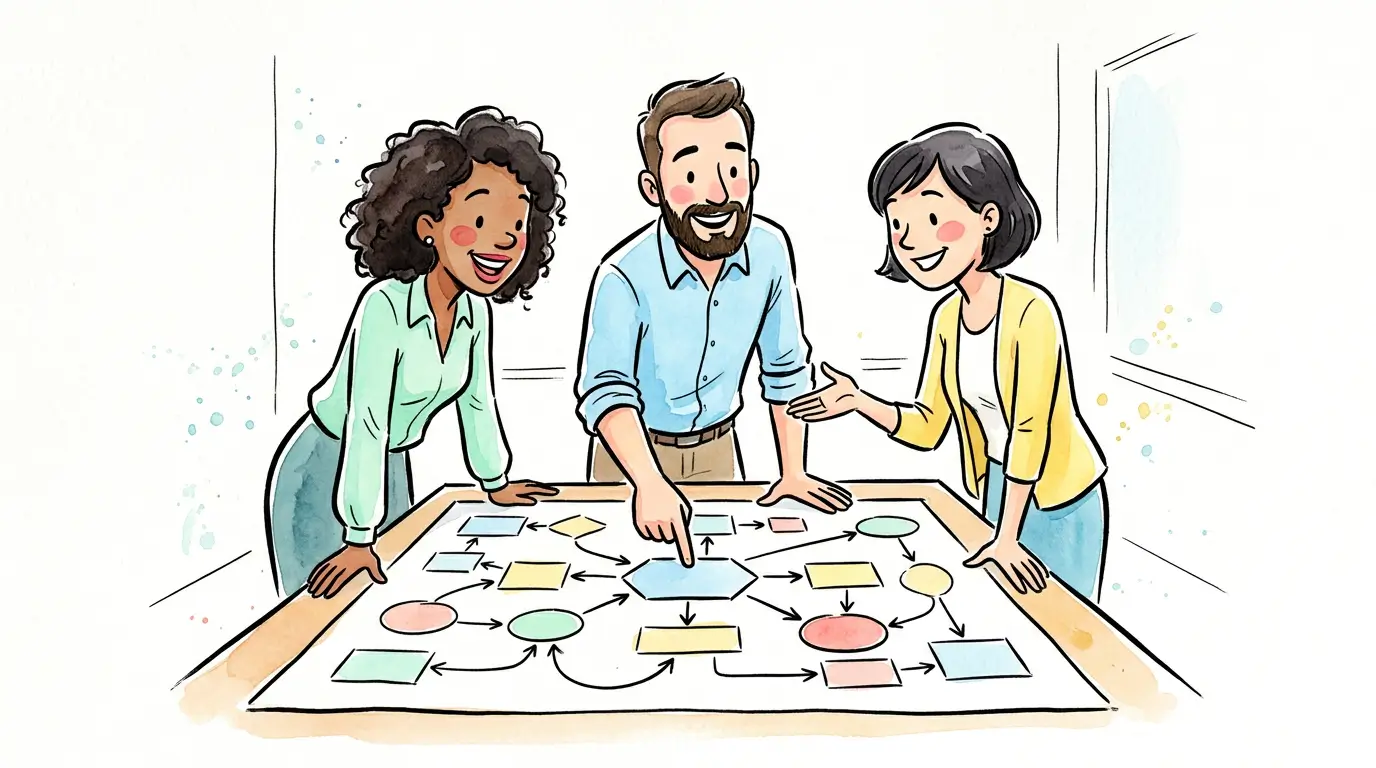 Aquarelle illustration of three professionals discussing a hand-drawn process map on a table.