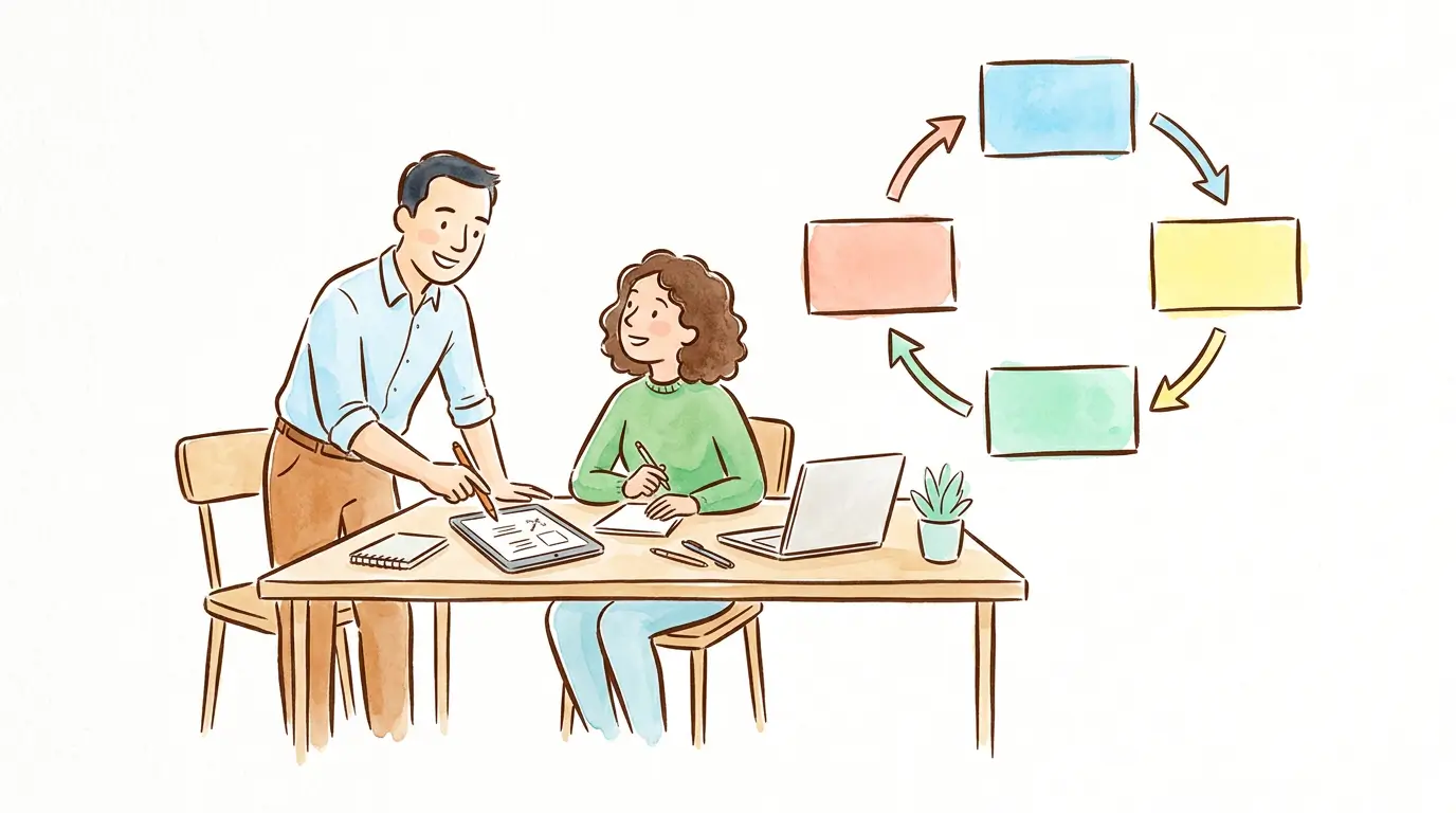 Aquarelle illustration of a supervisor coaching an employee at a desk beside a four-step circular diagram.