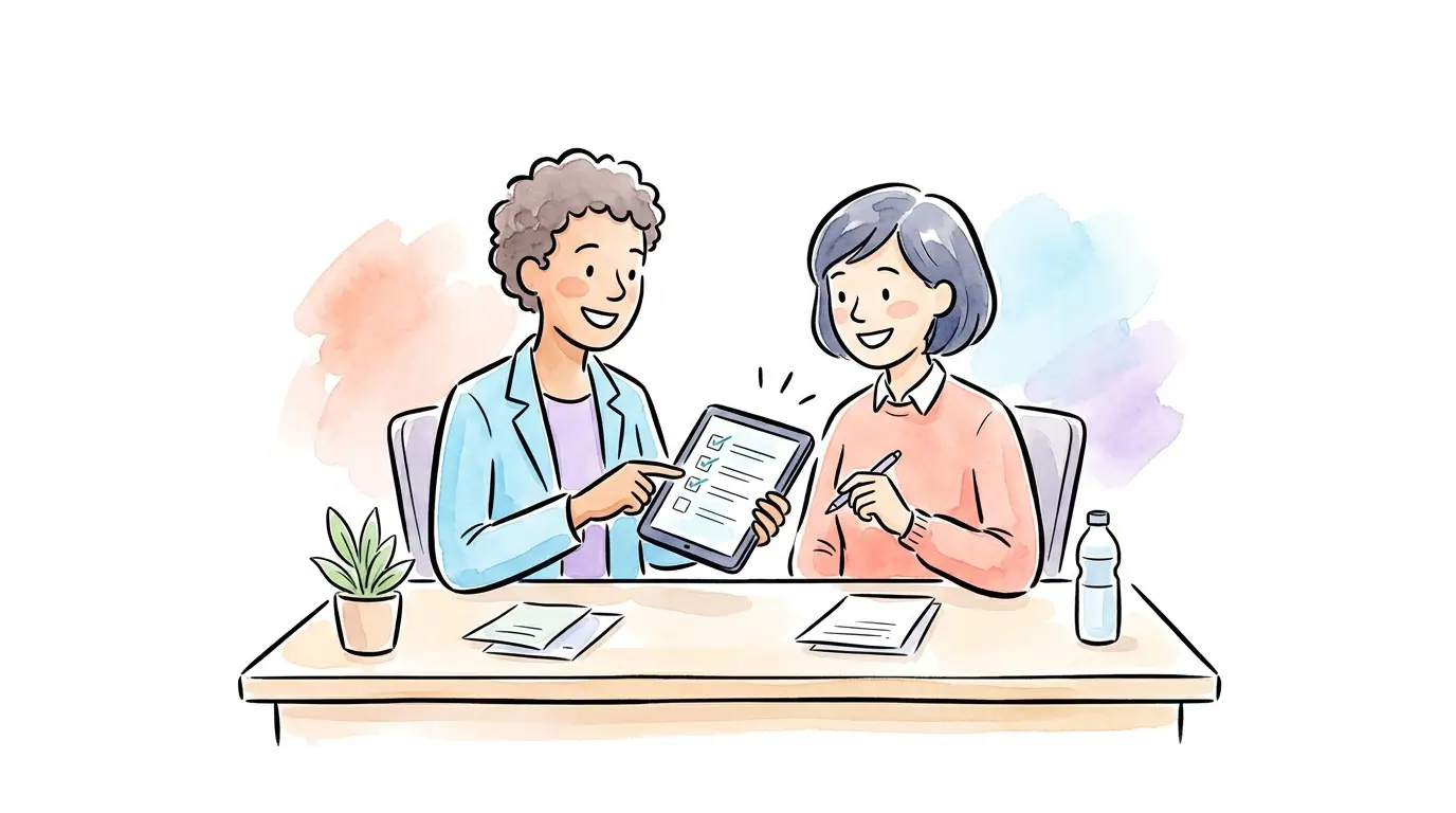 Aquarelle illustration of two professionals reviewing a tablet checklist together at a desk.
