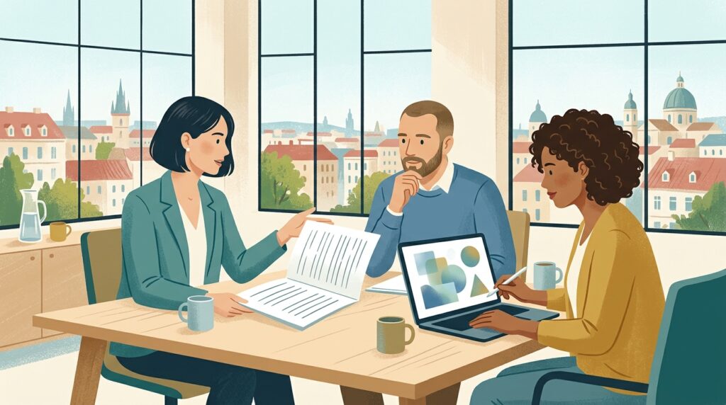 Illustration eines Managementteams, das Unterlagen und Diagramme zur KI-Governance in einem Besprechungsraum prüft.
