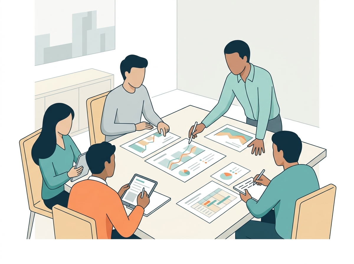 Illustration eines Workshops, in dem ein Team Prozesse, Risiken und Maßnahmen für ein KI-Managementsystem bespricht.