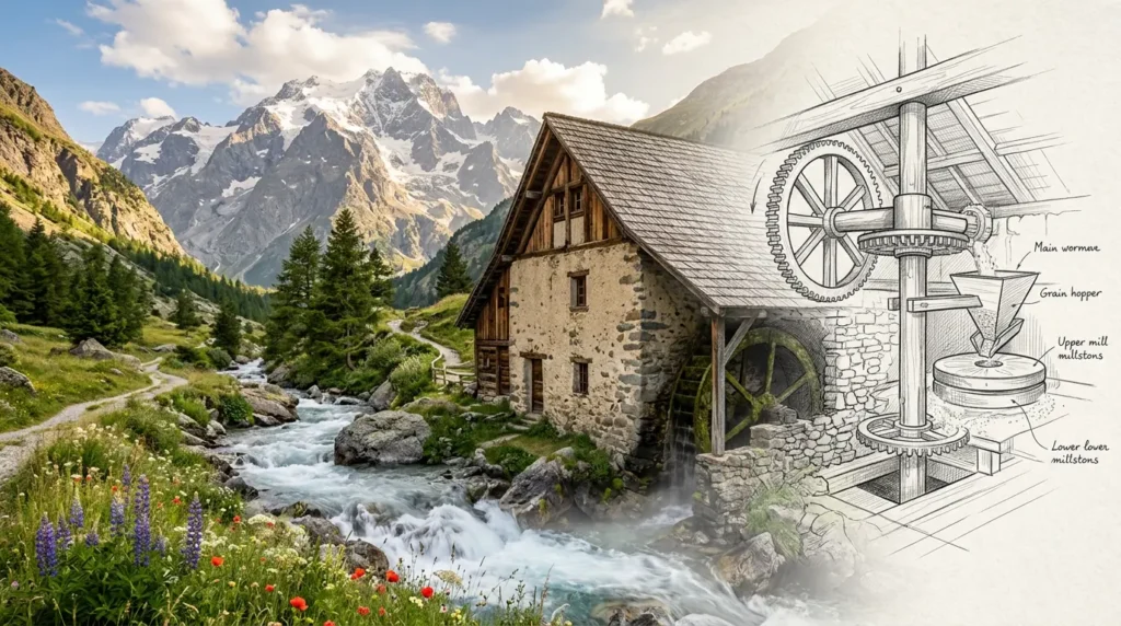 Breathtaking mountain landscape, a centuries-old historic stone and timber water mill nestled in a narrow alpine valley, crystal-clear rushing mountain stream with mist, dramatic snow-capped peaks in the background, wildflowers in foreground, golden late-afternoon light. The left two-thirds is photorealistic landscape photography quality. The right edge dissolves seamlessly and poetically into a delicate hand-drawn pencil and ink architectural sketch of the mill interior: spinning millstone, wooden cogwheel, grain hopper, vertical shaft — the transition is ethereal, like reality softly unraveling into illustration. No text. 16:9.