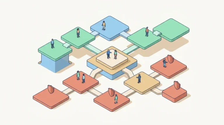 Wide isometric editorial illustration, 16:9 banner format: a modular isometric landscape representing a risk and opportunity management framework. Multiple interconnected platforms at different elevations — some in mint green elevated higher (representing opportunities), others in dusty coral at ground level with small shield elements (risks). A central platform slightly elevated as focal point, surrounded by clean isometric connector paths. Modern tech company illustration style like Atlassian or Notion. Sky blue, warm sand, mint green, dusty coral palette. Small abstract isometric figures on platforms. Soft shadow depth, smooth surfaces, off-white background. Professional, organized, approachable. Abundant white space at edges. No text, no icons, no decorations.