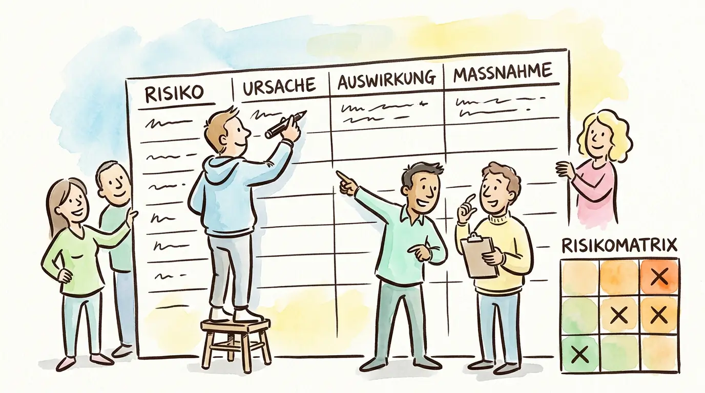 Aquarell-Illustration mit Comic-Figuren, die gemeinsam ein großes Risikoregister mit Spalten für Risiko, Ursache, Auswirkung und Maßnahme ausfüllen, und einer 3x3 Risikomatrix in der Ecke mit Farbverlauf von grün über ocker zu orange.