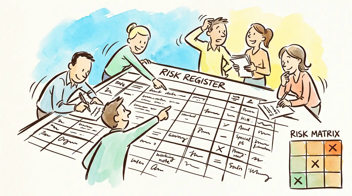 Aquarelle watercolor illustration of comic-style characters filling in a large risk register table with columns for risk, cause, impact, and action, with a 3x3 risk matrix in the corner showing green-to-orange severity gradient.