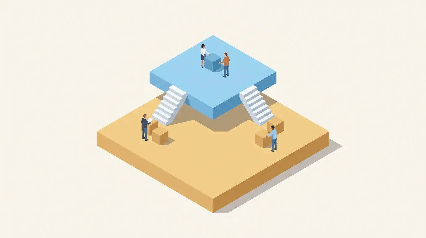 Isometric editorial illustration, 16:9 landscape format: a two-tier isometric platform structure — a wide lower foundation platform in warm sand representing organization-wide strategic risk landscape, with a smaller elevated sky blue platform on top representing process-level operational risks. Clean isometric staircase connectors between the two levels. Small isometric figures on each platform interacting with cube-shaped elements. Modern flat 3D style like Atlassian. Soft shadow between levels, smooth surfaces, off-white background. Abundant white space around structure. No text, no icons, no decorations, very minimal uncluttered composition.