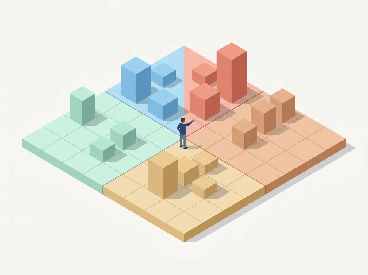 Isometric editorial illustration, 4:3 close-up composition: a single isometric platform with a clean grid divided into four quadrants representing risk severity — soft mint quadrant lower-left for low risk, warm sand quadrant lower-right for medium, dusty coral quadrant upper-right for high, sky blue upper-left for opportunities. Isometric cubes of varying heights placed in each quadrant as risk items. One small isometric figure in center pointing at elements. Modern flat 3D style like Atlassian or Notion. Subtle cast shadows, smooth surfaces, off-white background. Professional and organized. Abundant white space. No text, no icons, no decorations, very minimal uncluttered composition.