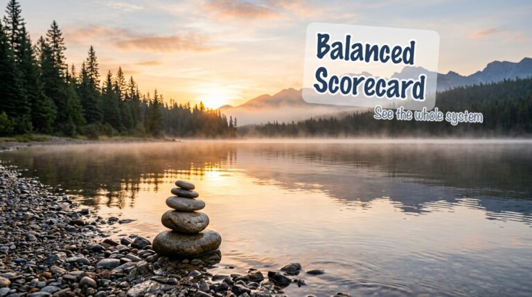 Nature hero image for the balanced scorecard article with handwritten text reading Balanced Scorecard and See the whole system