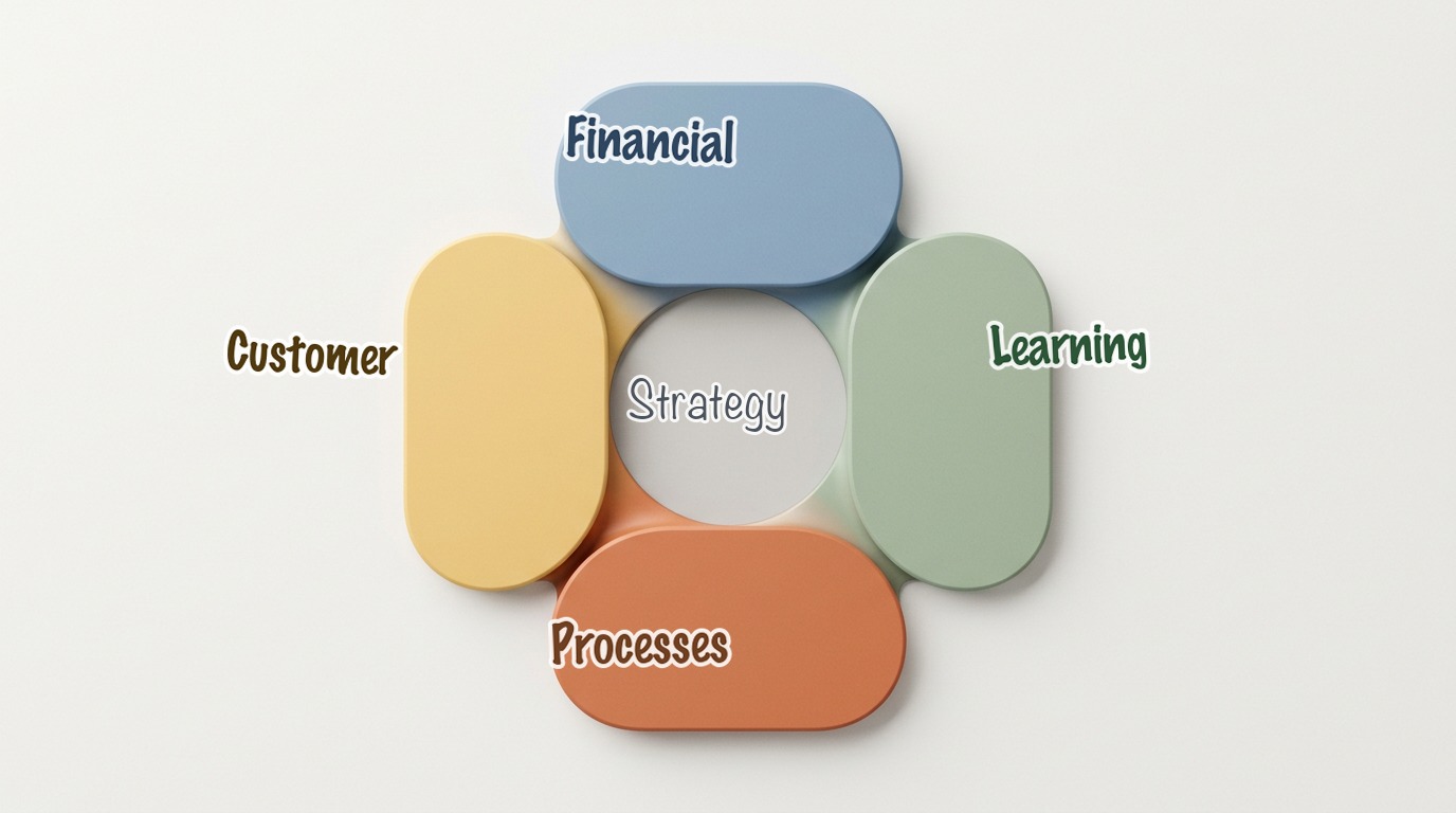 Balanced scorecard perspectives graphic with handwritten labels for Financial, Customer, Learning, Processes, and Strategy.