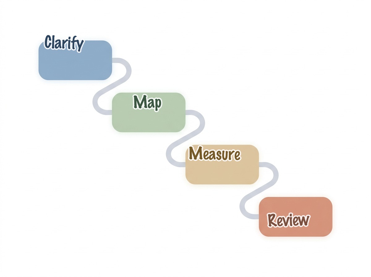 Balanced scorecard roadmap graphic with handwritten labels for Clarify, Map, Measure, and Review.