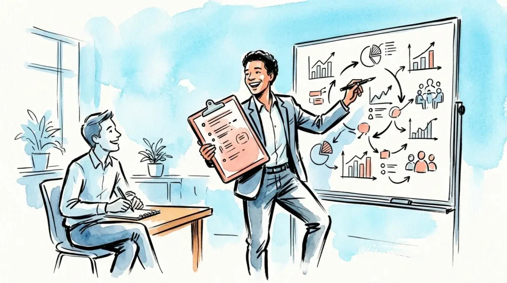 Illustration eines Auditors mit Klemmbrett vor einem Whiteboard im Büro