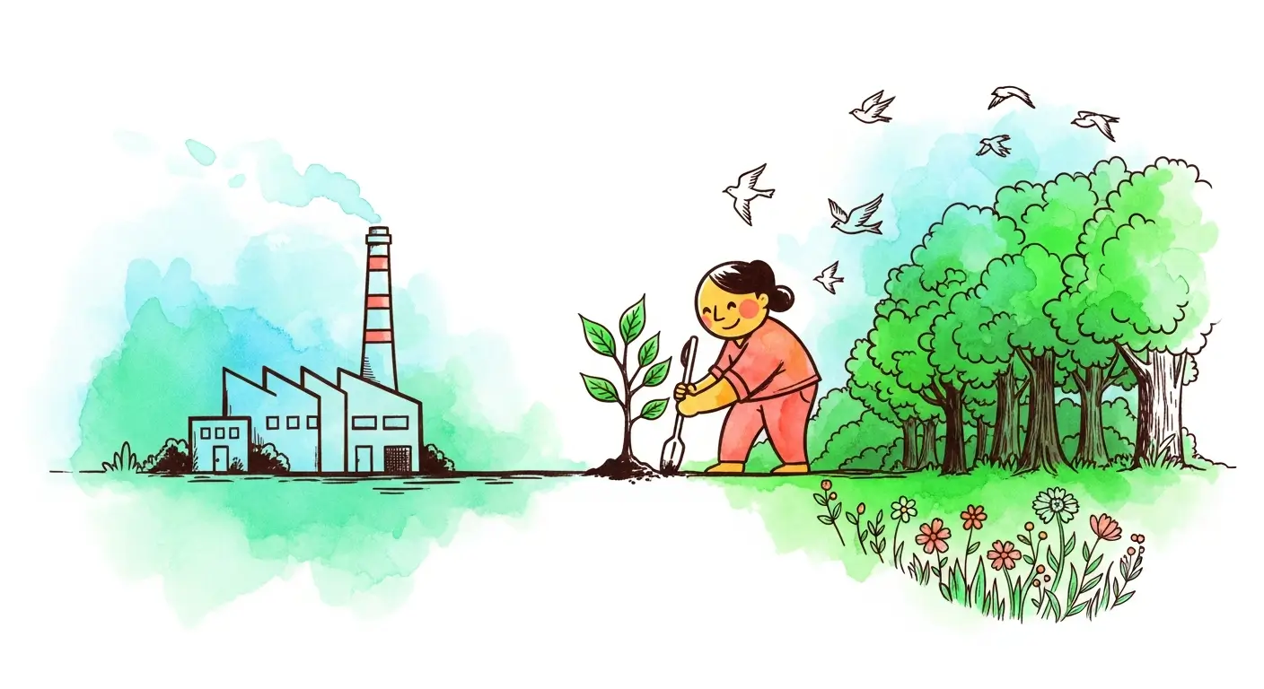 Aquarell-Illustration einer Person, die einen Baum zwischen Industrie und Natur pflanzt