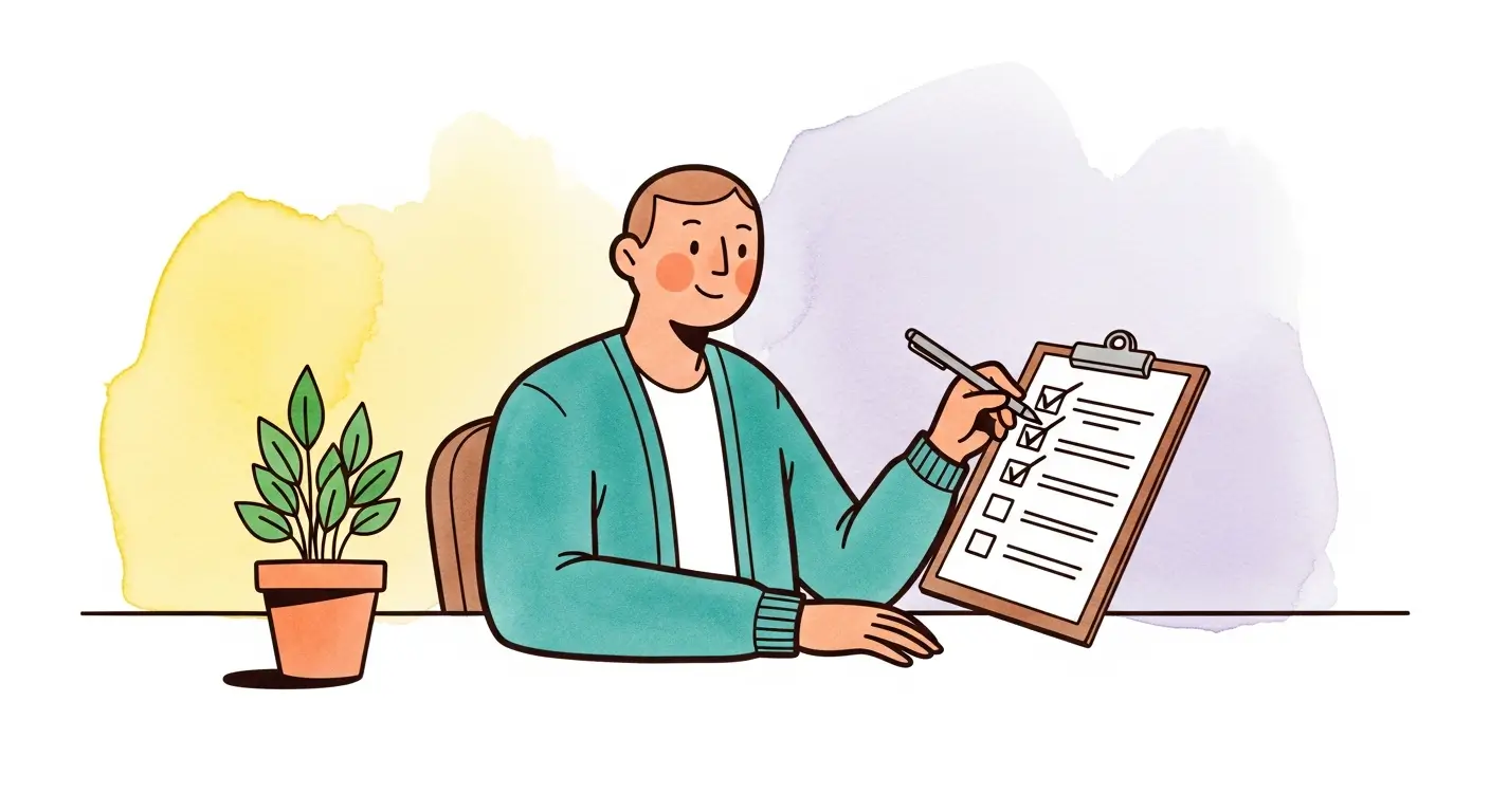 Aquarell-Illustration einer Fachkraft, die eine Checkliste für Umweltmanagement-Maßnahmen abhakt