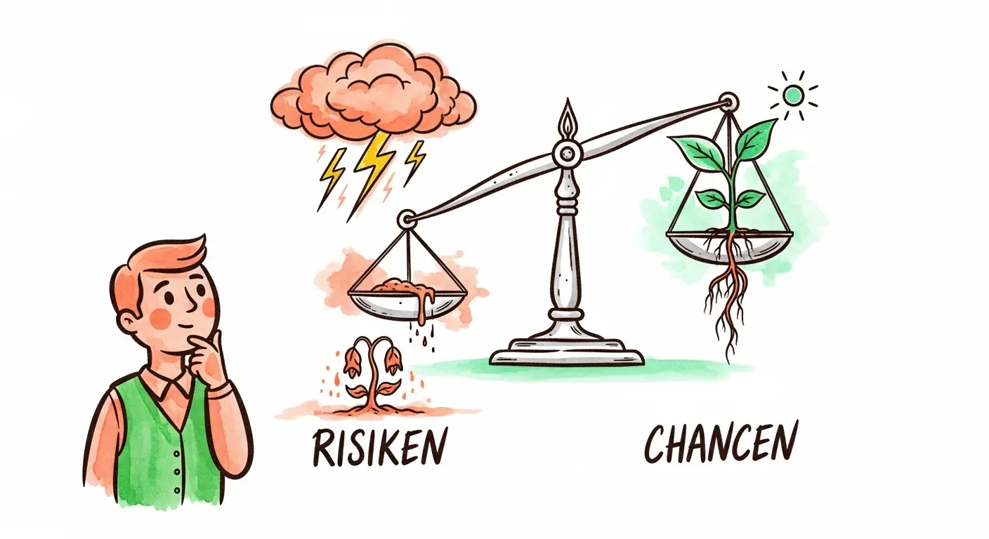 Aquarell-Illustration einer Waage, die Risiken und Chancen im Umweltmanagement abwägt