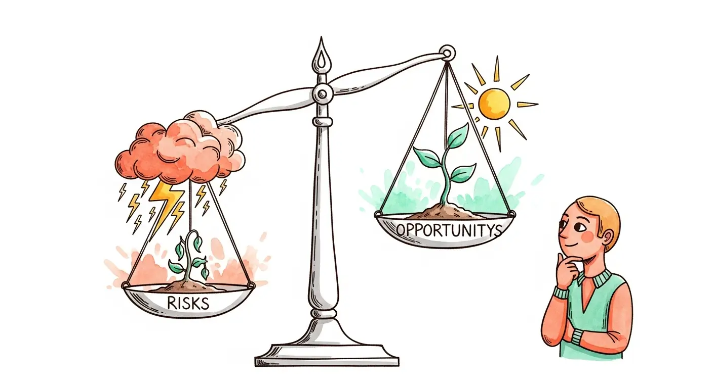 Watercolour illustration of a balance scale weighing risks and opportunities in environmental management